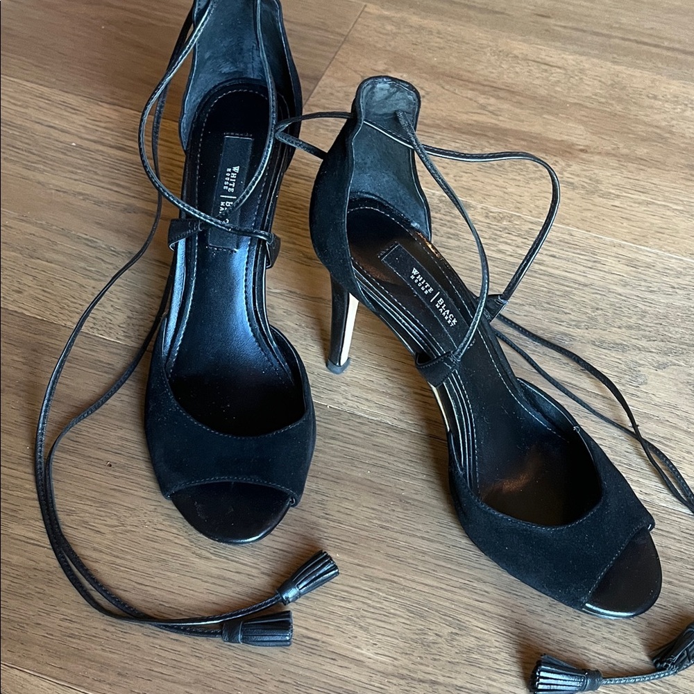 White House Black Market Black Suede Lace-Up Peep Toe Heels